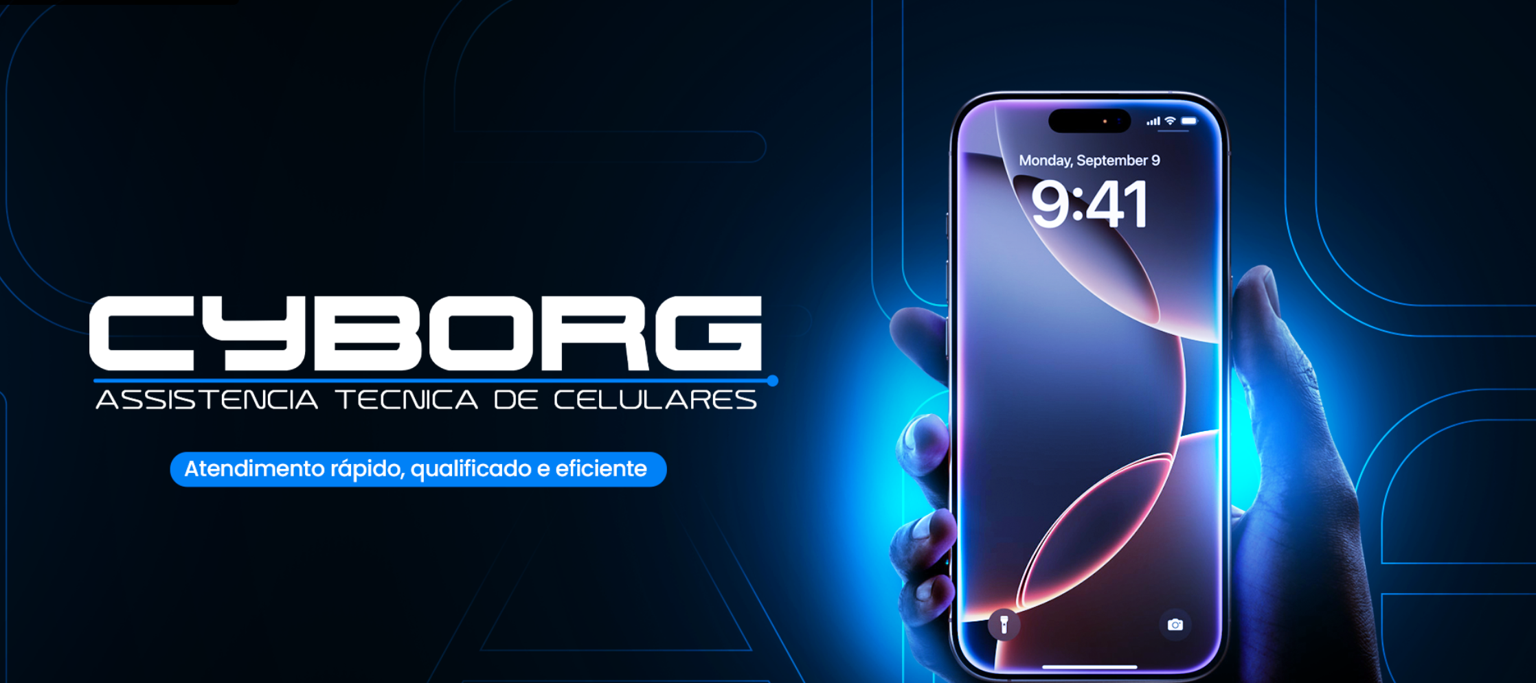 Ilustração de equipamentos e tecnologia na Cyborg Assistência Técnica